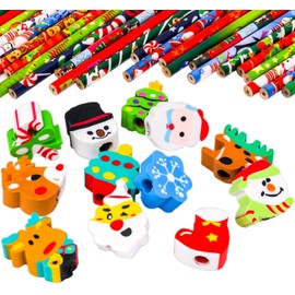 KAHEIGN 50Pcs Christmas Pencils with Erasers, 10 Styles Cartoon Erasers on The Pencils End, Snowman Stocking Gingerbread Man Hat Christmas Tree Pencils for Kids Xmas Stocking Box Fillers Party Favours
