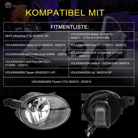 TangMiGe Volkswagen Tiguan Beetle Caddy 3 Eos Golf 6 / Cabriolet / Plus Jetta 4 Touran Up Fog Light (VW 5N 5C1 5C7 2K 1F7 5K1 AJ5 517 5M1 521 162 1T3) Seat Alhambra 710 08-19 Clear R