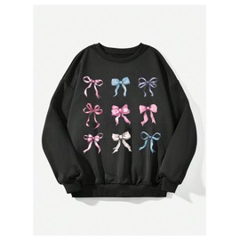 SOLY HUX Women's Plus Size Y2k Coquette Sweatshirt Bow Print Graphic Drop Shoulder Long Sleeve Oversized Pullover Top Black Bow US24/26