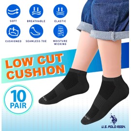 U.S. Polo Assn. 10 Pair Boy's Athletic Performance Socks - Low Cut Moisture Control & Breathable Cushion Socks - Ultra-Soft Ankle Socks, BLK/GRY 7263 (Shoe Size 4-11)