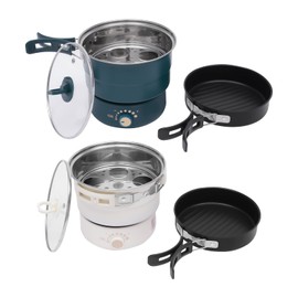 Hot Pot Electric with Foldable Handles, 1.6L Portable Electric Cooker with Egg Steamer Rack, Lid and Bamboo Spatula, Bamboo Spatula with Base, Rapid Noodles Cooker for 1-2 People (White)