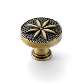 FLIRABBIT Black-Gold Brass Cabinet Knobs - Antique Brass Modern Carved Gold Handle Round Drawer Flower Pull Cupboard Kitchen Bathroom Closet Hardware (B Type, 2)
