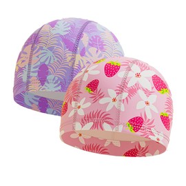 KEQAR Badekappe für Kinder mit langen Haaren, Badekappe für Jungen und Mädchen von 5 bis 12 Jahren, 3D elastische bequeme Badekappe, florale Stoffkappe.