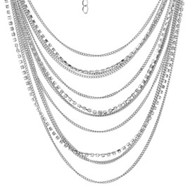 COOLSTEELANDBEYOND Waterfall Multi-layer Chain Statement Necklace Collar Pendant with Rhinestone Chain Evening Dress, Rhinestone, metal, Non-applicable