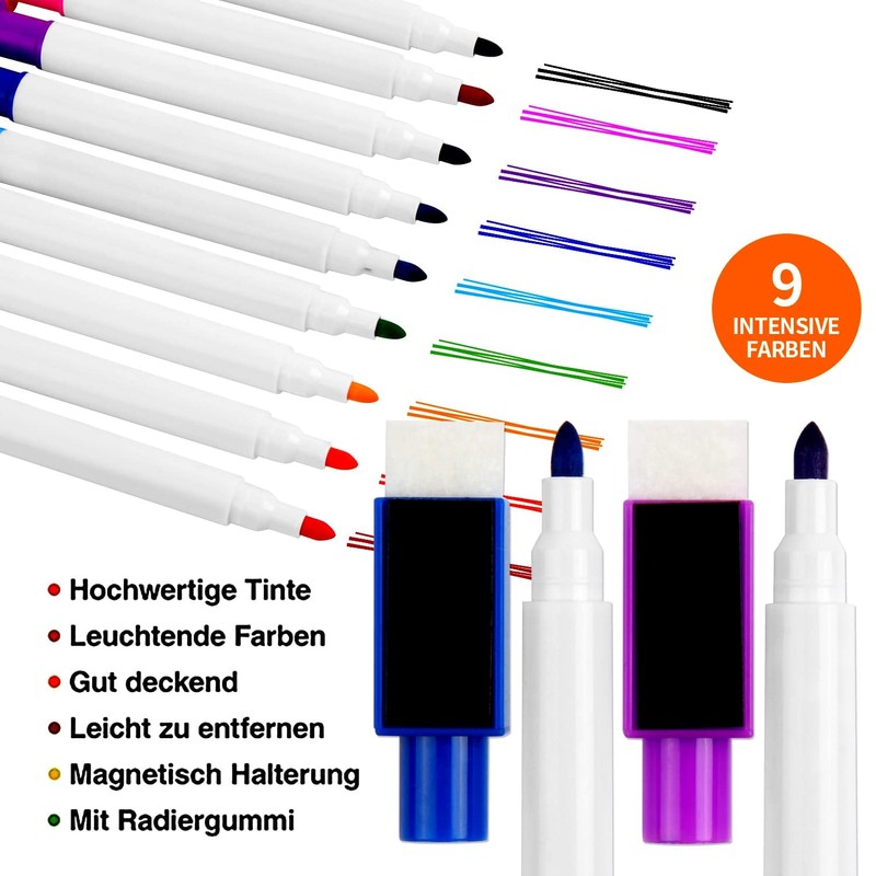 SULOLI Magnetic Dry Erase Markers, 9Pcs Fine Tip Point Whiteboard