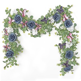 ASTNIC - Guirnalda de flores artificiales de 2 unidades, con mariposas, flores florales, guirnaldas de eucalipto para boda, hogar, fiesta, habitación, decoración de mesa (azul, 2 unidades)