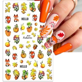 IDDFEVE Fall Fox Nail Art Stickers, Thanksgiving Day Nail Decals, 3D Self-Adhesive Maple for DIY Nail Supplies Decoration (6 Sheets)