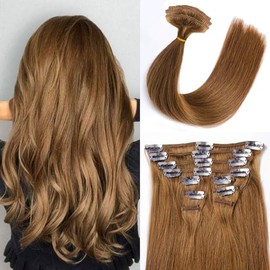 Extensiones de Cabello 50 cm (20") 10 Piezas 100g Humano Liso 100% Remy Color Castaña Marrón con Clips | Doble Trama Sin Desprendimiento, Agrega Volumen | Aplicación Fácil para Mujeres