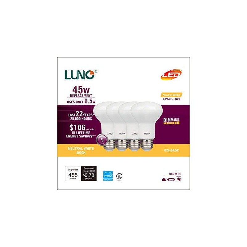 LUNO R20 Dimmable LED Bulb, 6.5W (45W Equivalent), 455 Lumens,