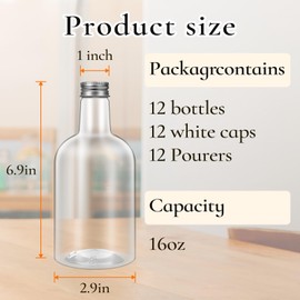 RMERVE 16 Oz Plastic Bottles with Pourer and Caps Plastic Juice Pour Bottles with Stainless Steel Bottle Pourer Tapered Spout for Liquor Juice Store Syrup Bottles Pourers (12 Sets)