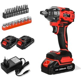 300N.m Cordless Impact Wrench 21V Torque Power Impact Driver with 2.0Ah Batteries, 19 Accessories, Electric Impact Motor Variable Speeds - Colour: Red