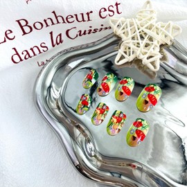 LWTZLW Summer Tip Press on Nails Short Almond False Nails Cute Mushroom Full Cover Glue ons Nails Plant Oval Acrylic Fake Nail Green Glossy Artificial Nails Reusable for Women