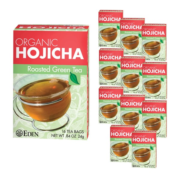 Eden Hojicha Organic Roasted Green Tea, Low Caffeine, Japanese, 16 Unbleached Manila Tea Bags per Box (12-Pack Case)