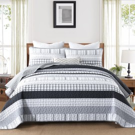 DJY Grey Striped Quilt Queen Size, Black Gray Boho Striped Bedspread Coverlet Set Soft Microfiber Patchwork Quilt Bedding Set 3 Pieces for All Season