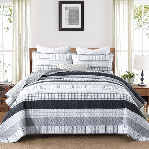 DJY Grey Striped Quilt Queen Size, Black Gray Boho Striped
