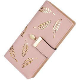 Molylove Women's Leather Wallet Purse Hollow Leaf Pattern Zipper Handbag Button Clutch Bag (Pink)