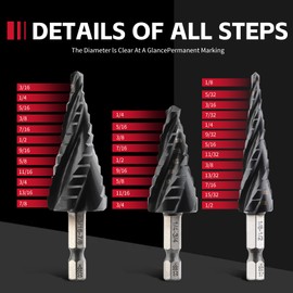 HSS Step Drill Bit 1/4-3/4 Inch 9 Steps Cone Drill M35 HSS AlTiN Coated, 1/4 Inch Hex Shank Step Bit for Drilling Holes in Stainless Steel, Copper, Aluminium, Wood, Plastic