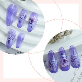 Purple Flower Press on Nails Medium Almond Shaped Rhombus Glossy Acrylic False Nail Full Cover Blossom Artificial Stick on Nail Press Ons Artificial Fingernails DIY Reusable Glue on Nails for Women
