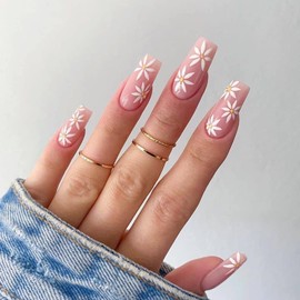 24PCS Short False Nails with Glue Stickers, Coffin Full Cover Acrylic Nails Press on Nails no Glue,Pink Sunflower French Fake Nails Stick on Nails for Women and Girls Nail Art.