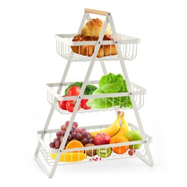 FAYAMILA 3 Tier Fruit Basket with Wooden Handles Multifunctional Kitchen Counter & Dining Organizer for Fruit, Vegetable, Bread Storage