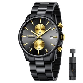 Men's Quartz Watches in Stainless Steel and Metal, with Casual Waterproof Chronograph, Auto Date, and Colourful Hands, Black gold