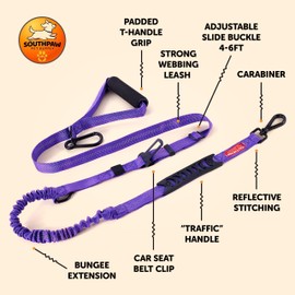 Shock Absorbing Tactical Bungee Dog Leash 4-7 ft. for Large Dogs with Seatbelt Buckle and Comfortable Padded Handle, Highly Reflective Extendable Heavy Duty Stretch Leash for Dog Owners (Purple)