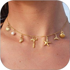 Initial Charm Necklaces for Women Girls 14K Gold Plated A-Z Letter Necklaces Shell Boho Summer Seashell Alphabet Choker Necklace Starfish Surfer Monogram Name Necklace Beach Jewelry Gifts (Gold-T)