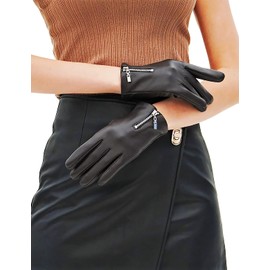 YISEVEN Women's Winter Driving Touchscreen Sheepskin Leather Gloves Zipper Short Cuffs Warm Fleece Fur Lined Genuine Lambskin Stylish Dress for Cold Weather Work Gifts, Brown 7.5"/Large