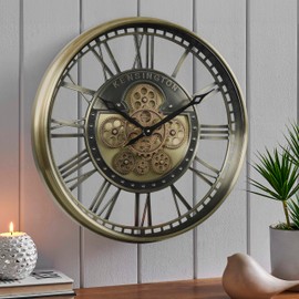 CLXEAST Large Moving Gears Wall Clock for Modern Farmhouse Living Room Decor, Brass Gold Roman Numerals Wall Clock,Silent Wall Clocks Battery Operated,Reloj De Pared para Sala (21 Inch)