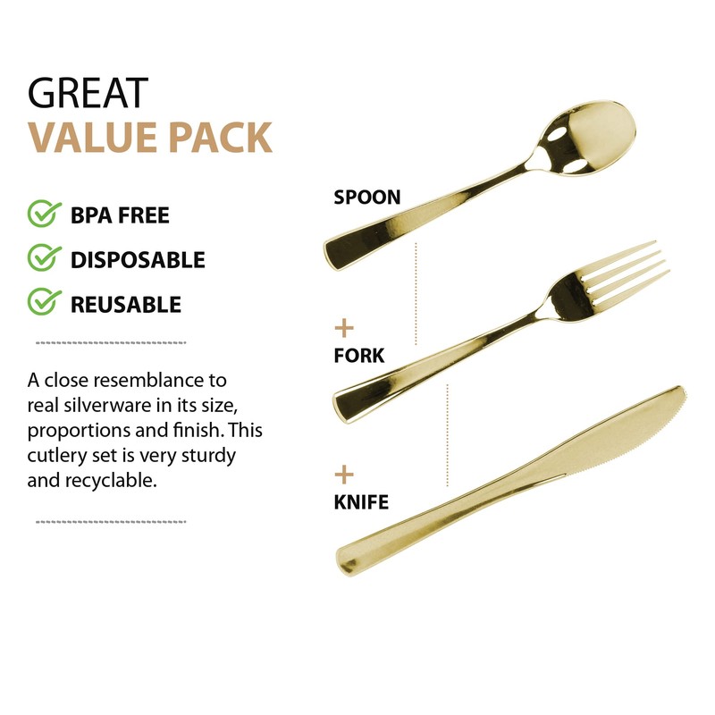 Gold Plastic Silverware Set, 160 Count, Extra Heavy Duty Flatware,
