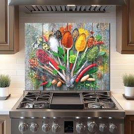 Tempered Glass Backsplash For Kitchen Behind Stove,Wooden Spice Stove Backsplash Top Cover,Easy to Clean Glass Splashback, Sink Cover Splash Guard,Home Kitchen Wall Decor (30"x24"(76.2x60.96cm))