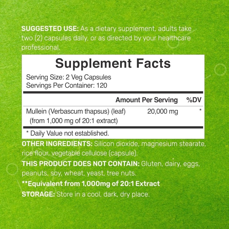 Deal Mullein Leaf 20,000mg 240 Veggie Caps Non-GMO/Vegan