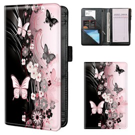 Server Books for Waitress, Server Book,Waiter Server Book with Zipper Pocket,Organizer Waitress Book for Guest Check Book Restaurant Fit Server Apron-Flowers Dancing Butterflies
