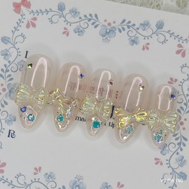 Aurora Ribbon Handmade Nail Tips - Square S / 오로라 리본 수제네일팁 - 스퀘어S