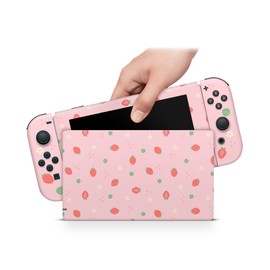 ZOOMHITSKINS Compatible with Switch Skin Cover, Cute Light Pastel Pink Strawberry Daisy Flower Kawaii, Vinyl Decal Sticker Wrap, Made in The USA