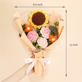 Omldggr Completed Crochet Flowers Bouquet, Handmade Knitted Bouquet, Crochet Bouquet Kit Knitted Fake Sunflower Rose Daisy for Mother's Day Birthday Wedding Home Decor or Mom