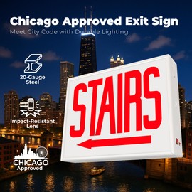 LFI Lights® Chicago Approved Exit Sign, UL 924 Listed, (Stairs Left Arrow), Red LED, White, Steel Housing, Glass Panel, 120-277VAC Wall, Ceiling or Side Mount, Hardwired with Battery Backup CHEXRWBBSTAIRLA