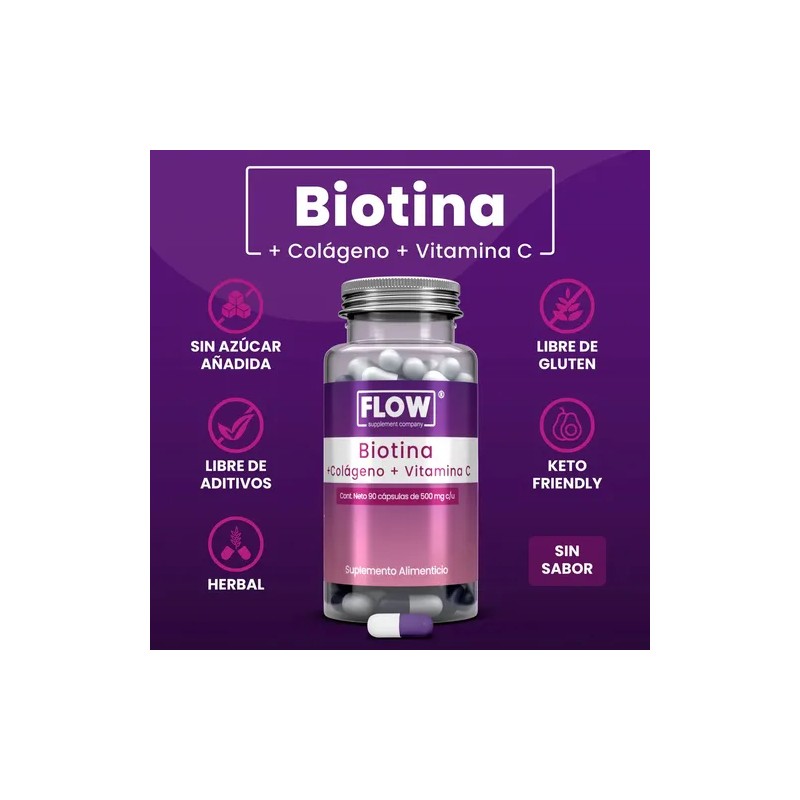 Biotina Colágeno Vitamina C 90 Cápsulas Flow Sin sabor