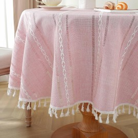 meioro Bohemian Round Tablecloth for Kitchen Decoration, 120 cm Macrame Tablecloth with Tassels, Circle Linen Table Linen, Striped Tablecloth, Mesh Tablecloths for Dining Table, Tabletop Decor (Pink)