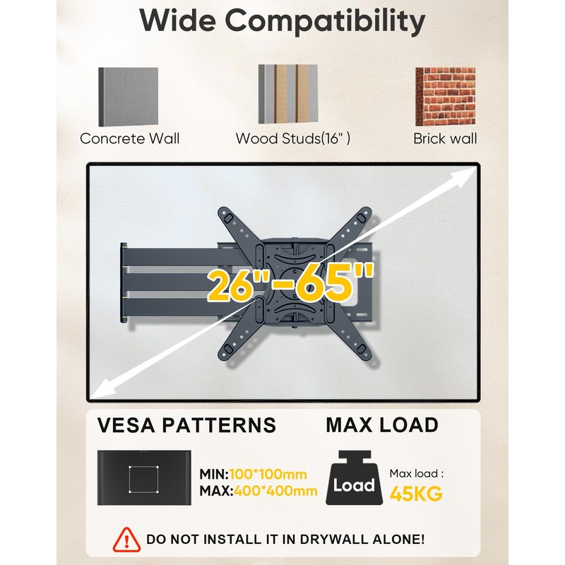 48" Extension Long Arm Rotating TV Wall Mount 26-65”TV by