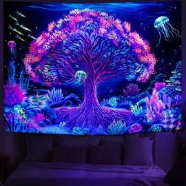 Amhokhui Blacklight Tree Tapestry UV Reactive Underwater World Tapestry Trippy Jellyfish Tapestry Colorful Plant Tapestry Neon Coral Reef Marine Life Tapestry Wall Hanging for Home Decor