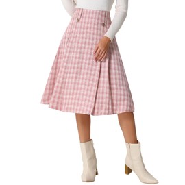Allegra K Vintage Plaid Skirts for Women's High Waist Pleated A-Line Midi Skirt Medium Pink