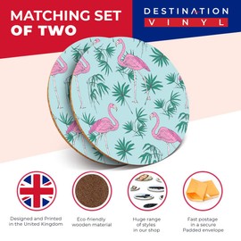 Destination Vinyl ltd 2 x MDF Glossy Top Coasters Round - Pink Tropical Flamingo Pattern 13047