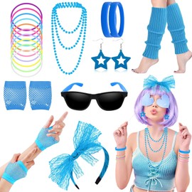 80s Fancy Dress Costumes Accessories, 1980s Fancy Style Dresses Party Sets & Kits for Women, Neon Leg Warmers Necklaces Bracelet Fishnet Gloves Lace Bow Headband Earrings Sunglasses-Blue