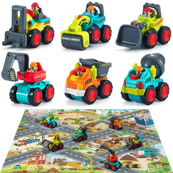 iPlay, iLearn Toddler Construction Toy Trucks, Baby Mini Push Go Cars W/Playmat, Kid Pocket Construction Vehicles, Excavator Dump Bulldozer, Birthday Gifts 6 9 12 18 Month 1 2 3 Year Old Boy