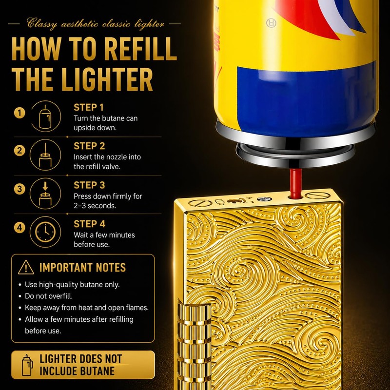 Refillable Butane Lighter, Soft Flame Lighter, Side Slide Ignition, Classic