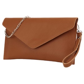 SH Leder Genuine Leather Clutch Shoulder Bag Small Bag Elegant Evening Bag in Grained Cowhide Leather with Carry Chain 31.5 x 16.5 cm Saya G369, Dark Cognac