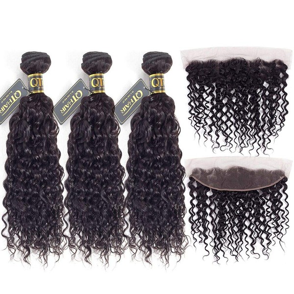 QTHAIR 10a Brazilian Hair Bundles with Frontal(22 20 18+16,Natural Black) Best Virgin Brazilian Hair Bundles Black Hair Water Wave Frontal Lace Closure with Bundles