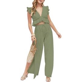 FANCYINN Womens 2 Pieces Outfits Deep V Neck Crop Top St Patricks Day Shirt Side Slit Drawstring Wide Leg Pants Set Jumpsuits Olive Green L
