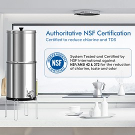 Purewell 1.5G Stainless Steel Countertop Gravity-Fed Water Filter System, NSF/ANSI 42&372 Certification, Reduces up to 99% of Chlorine,2 Black Purification Elements, for Home, RVing, Camping, Outdoor